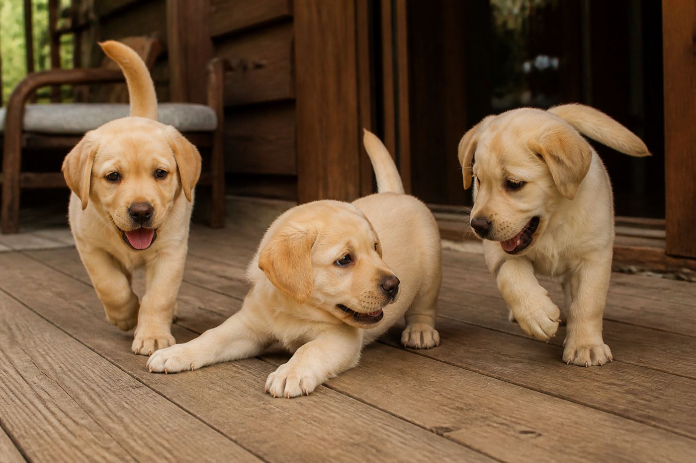 Štěňata labradorského retrívra na dřevěné terase